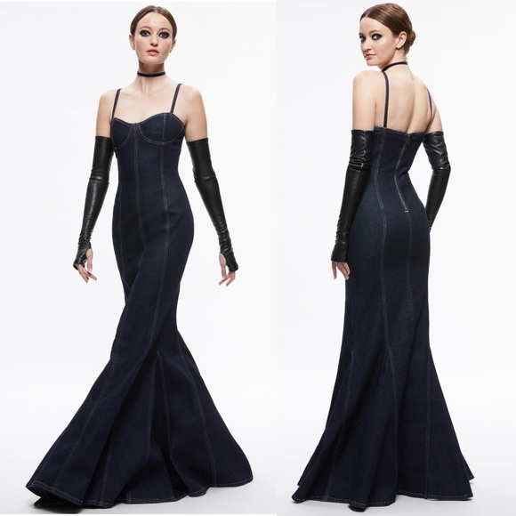 Alice + Olivia Natacha Godet Maxi Denim Dress In Dark Rinse - 2 - Picture 2 of 7